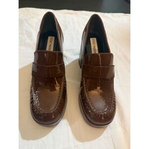 Steve Madden MUNDAY‎ Chunky Heel Platform Loafers Brown Patent Leather Women 8